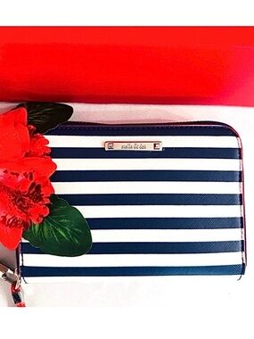 STELLA & DOT ~ Navy and White Striped Wristlet w/Red Trim Tan Strap and Interior